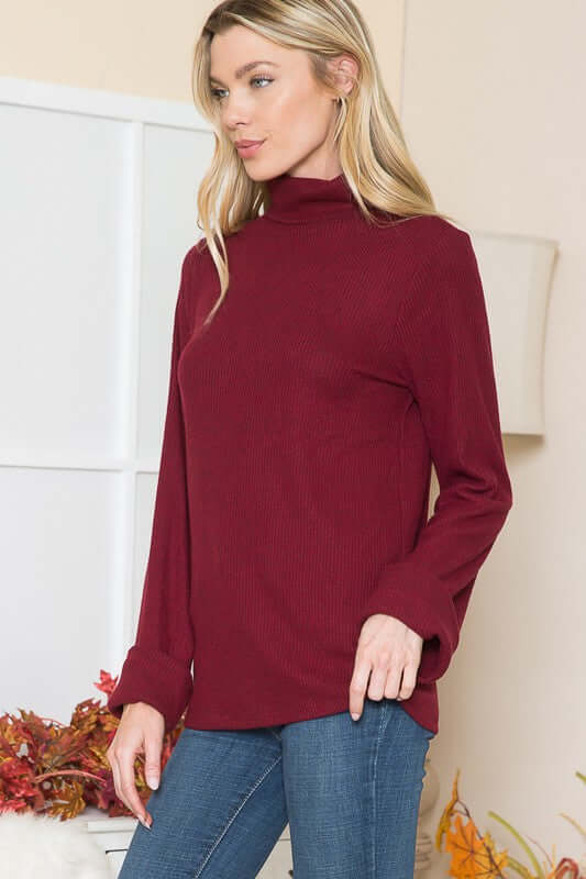 2-Tone Burgundy Orange Farm Clothing Lightweight Turtle Neck Brushed Rib Knit Sweater with Wide Sleeves | Classy Cozy Cool American Made Boutique 