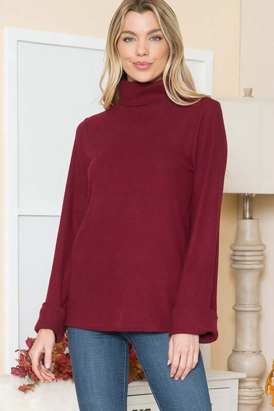 2-Tone Burgundy Orange Farm Clothing Lightweight Turtle Neck Brushed Rib Knit Sweater with Wide Sleeves | Classy Cozy Cool American Made Boutique