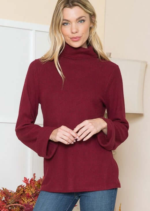 2-Tone Burgundy Orange Farm Clothing Lightweight Turtle Neck Brushed Rib Knit Sweater with Wide Sleeves | Classy Cozy Cool American Made Boutique