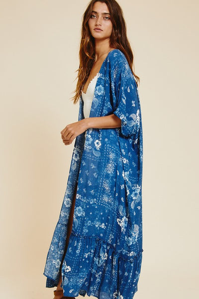 USA Made Blue Ces Femme Ladies Bohemian Floral Print Long Kimono Duster | Made in USA | Classy Cozy Cool Women's American Clothing Boutique