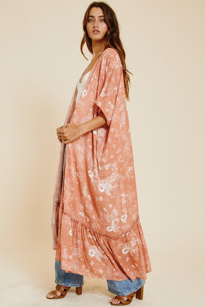 Coral Ces Femme Ladies Bohemian Floral Print Long Kimono Duster | Made in USA | Classy Cozy Cool Women's American Clothing Boutique