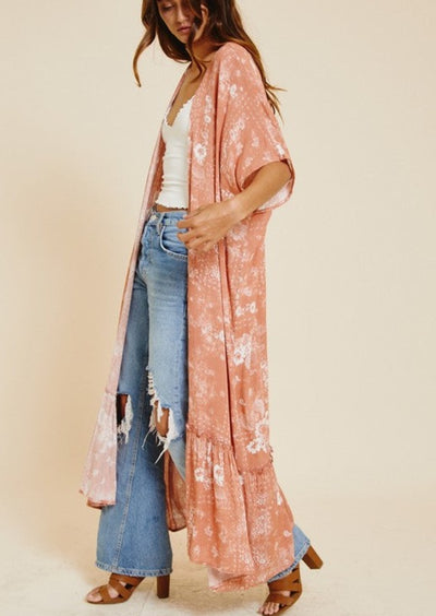 USA Made Coral Ces Femme Ladies Bohemian Floral Print Long Kimono Duster | Made in USA | Classy Cozy Cool Women's American Clothing Boutique