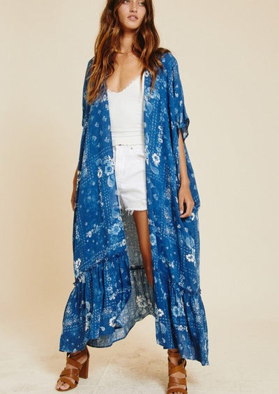 Blue Ces Femme Ladies Bohemian Floral Print Long Kimono Duster | Made in USA | Classy Cozy Cool Women's American Clothing Boutique