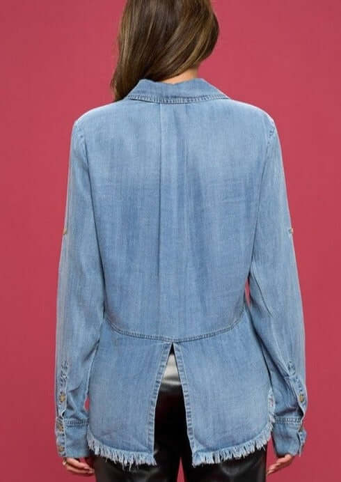 Renee C Style #HW0204 | Ladies Denim Shirt with Hidden Button Placket & Fringe Hem | Made in USA | Classy Cozy Cool Women's Made in America Clothing Boutique