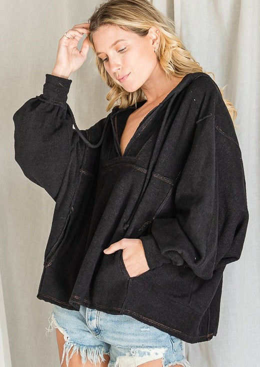 Bucket List Ladies French Terry Pullover Hoodie | Made in USA | Pullover Hoodie Boxy Style V-Neck Contrast Stitch Detail Side Pockets Oversized Soft French Terry Drawstring Hood | Classy Cozy Cool Women's American Boutique