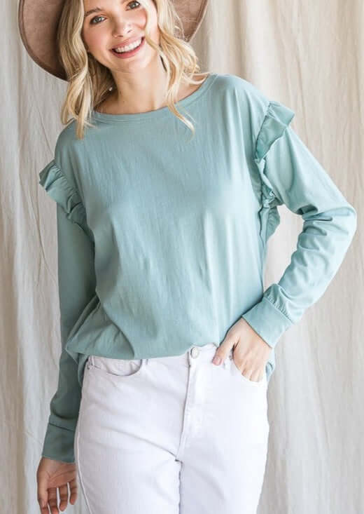 USA Made Ladies 100% Cotton Ruffle Long Sleeve Drop Shoulder Top in Mint Green | Made in USA | Women's American Made Clothing 