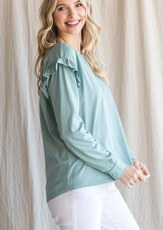 USA Made Ladies 100% Cotton Ruffle Long Sleeve Drop Shoulder Top in Mint Green | Made in USA | Women's American Made Clothing 