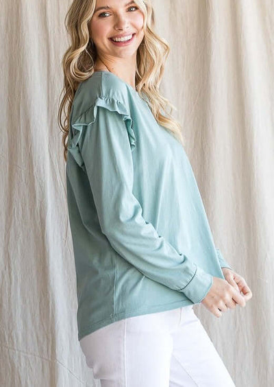USA Made Ladies 100% Cotton Ruffle Long Sleeve Drop Shoulder Top in Mint Green | Made in USA | Women's American Made Clothing 