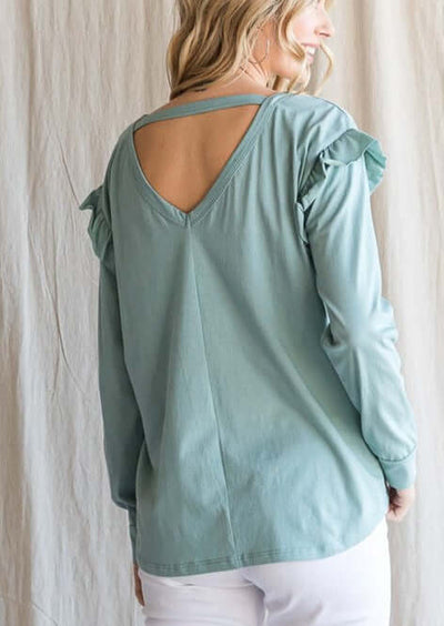 USA Made Ladies 100% Cotton Ruffle Long Sleeve Drop Shoulder Top in Mint Green | Made in USA | Women's American Made Clothing 