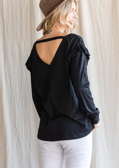 USA Made Ladies 100% Cotton Ruffle Long Sleeve Drop Shoulder Top in Black | Made in USA | Women's American Made Clothing 