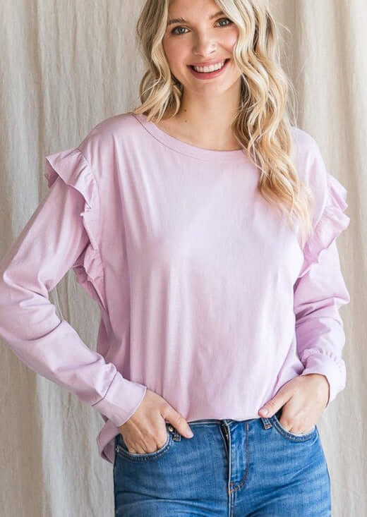 USA Made Ladies 100% Cotton Ruffle Long Sleeve Drop Shoulder Top in Lilac | Made in USA | Women's American Made Clothing 