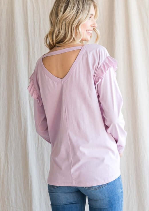 USA Made Ladies 100% Cotton Ruffle Long Sleeve Drop Shoulder Top in Lilac | Made in USA | Women's American Made Clothing 