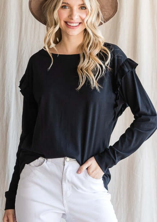 USA Made Ladies 100% Cotton Ruffle Long Sleeve Drop Shoulder Top in Black | Made in USA | Women's American Made Clothing 