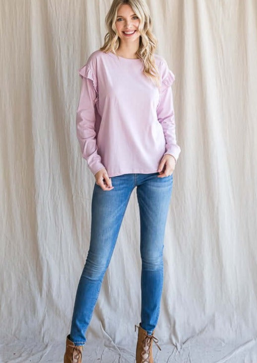USA Made Ladies 100% Cotton Ruffle Long Sleeve Drop Shoulder Top in Lilac | Made in USA | Women's American Made Clothing 