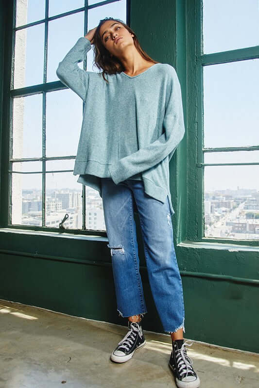 Bucket List Style T1140 | USA Made Ladies Indigo Blue Knit Oversized Slouchy Super Soft & Cozy Top | Classy Cozy Cool Women's American Boutique