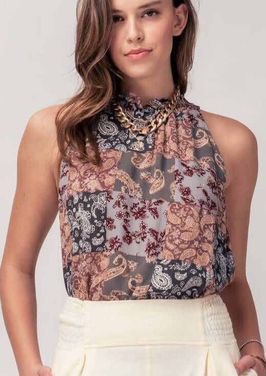 USA Made Ladies Ruffled Mock Neck Sleeveless Blouse | Paisley & Floral Print Pattern, Longer length, Rounded Hemline | Classy Cozy Cool Boutique