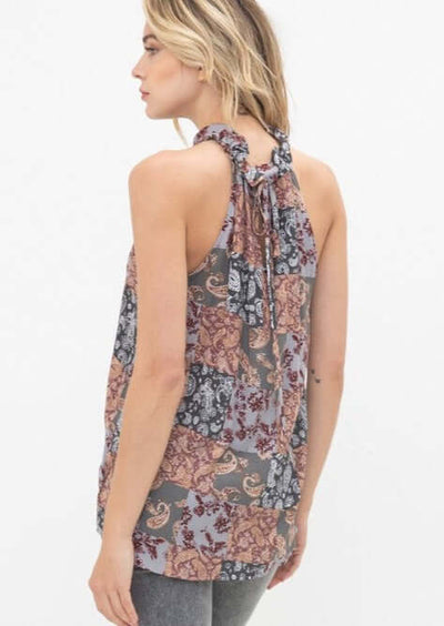 USA Made Ladies Ruffled Mock Neck Sleeveless Blouse | Paisley & Floral Print Pattern, Longer length, Rounded Hemline | Classy Cozy Cool Boutique
