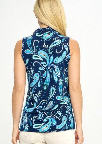 Made in USA | Ladies Mock Neck Paisley Print Navy & Turquoise Sleeveless Top | Classy Cozy Cool Women's Clothing Boutique