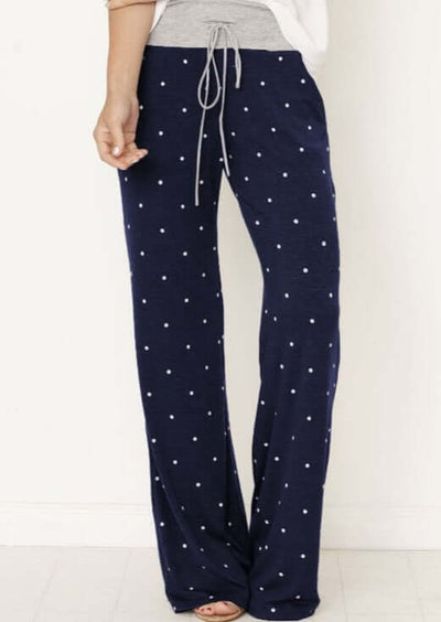 Ladies Cozy Drawstring Polka Dot Lounge Pants in Navy Blue | Made in USA | Classy Cozy Cool Women's American Made Boutique