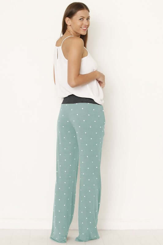 Ladies Cozy Drawstring Polka Dot Lounge Pants in Sage Green & Navy Blue | Made in USA | Classy Cozy Cool Women's American Made Boutique