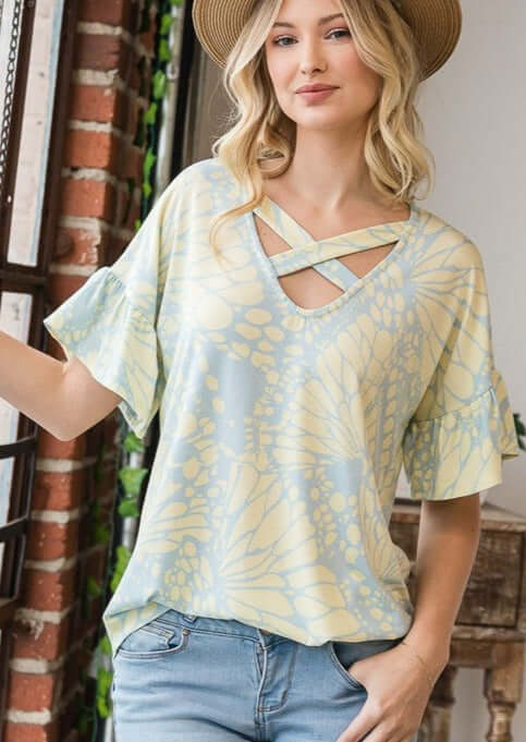 Ladies Butterfly Wing Printed Criss-Cross V-Neck Top with Ruffle Sleeves in Pastel Blue & Lime | Made in USA | Classy Cozy Cool Women's Made in America Boutique