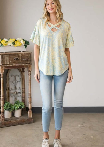 Ladies Butterfly Wing Printed Criss-Cross V-Neck Top with Ruffle Sleeves in Pastel Blue & Lime | Made in USA | Classy Cozy Cool Women's Made in America Boutique