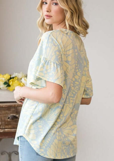 Ladies Butterfly Wing Printed Criss-Cross V-Neck Top with Ruffle Sleeves in Pastel Blue & Lime | Made in USA | Classy Cozy Cool Women's Made in America Boutique