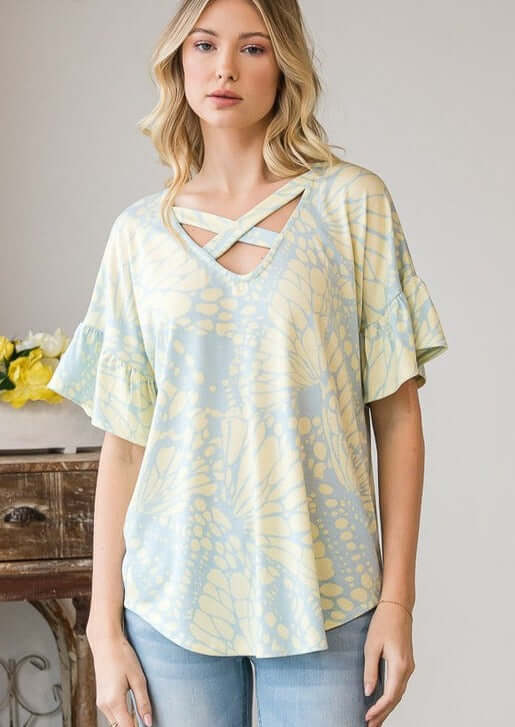 Ladies Butterfly Wing Printed Criss-Cross V-Neck Top with Ruffle Sleeves in Pastel Blue & Lime | Made in USA | Classy Cozy Cool Women's Made in America Boutique