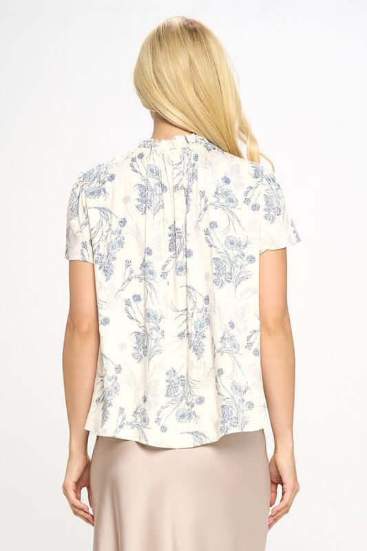 Renee C White Blouse with Blue Floral Print | Made in USA | Dressy Blouse Perfect for Work | Classy Cozy Cool Women's American Clothing Boutique