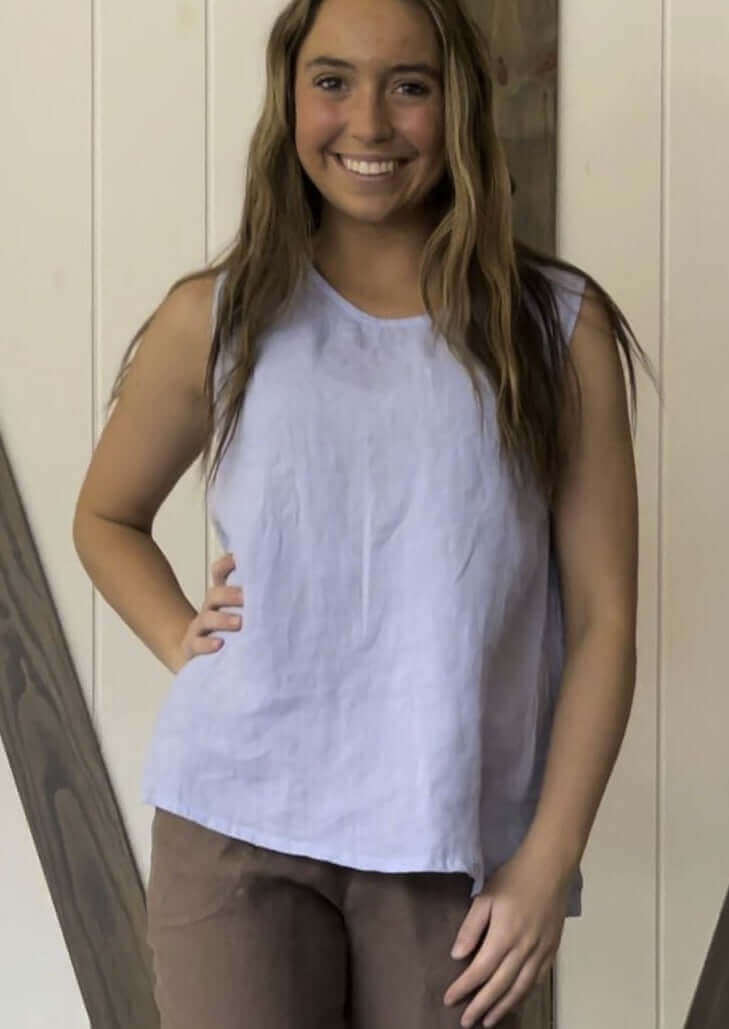USA Made 100% Linen Ladies Sleeveless Top in Kentucky Blue | Match Point Style HLT30 | Classy Cozy Cool Women's Made in America Boutique