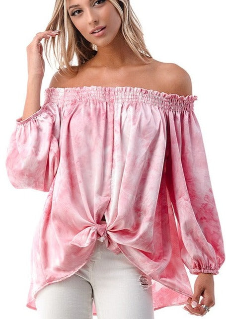 USA Made Pink Tie Dye Smocked Off the Shoulder Top Loose Fit Bubble Sleeves Luxury Satin Feel | Made in America | Classy Cozy Cool Women's Boutique