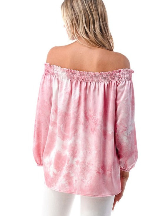 USA Made Pink Tie Dye Smocked Off the Shoulder Top Loose Fit Bubble Sleeves Luxury Satin Feel | Made in America | Classy Cozy Cool Women's Boutique