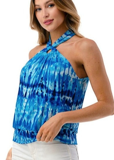 Ariella O-Ring Halter Neck Top in Tie Dye Ocean Blue Colors, Jersey Material | Made in USA | Classy Cozy Cool Women's American Boutique