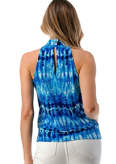 Ariella O-Ring Halter Neck Top in Tie Dye Ocean Blue Colors, Jersey Material | Made in USA | Classy Cozy Cool Women's American Boutique
