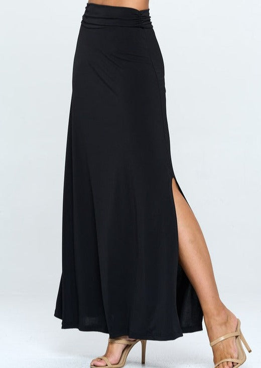 Renee C Black Maxi Skirt with Side Slit | Made in USA | Full Length, Side Slit Below Knee, Stretchy Jersey Material, Versatile | Classy Cozy Cool