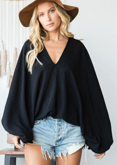 Black Bucket List Style T1272 Billowy Draped Dolman Sleeve V-Neck Top | Made in USA | This top is truly unique & you will get compliments | Classy Cozy Cool