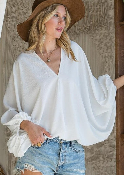 White Bucket List Style T1272 Billowy Draped Dolman Sleeve V-Neck Top | Made in USA | This top is truly unique & you will get compliments | Classy Cozy Cool