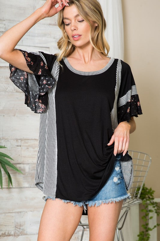 P & Rose Ladies Oversized Black & White Ruffle Sleeve Top with Stripe Detail | Made in USA | Classy Cozy Cool Women's American Clothing Boutique
