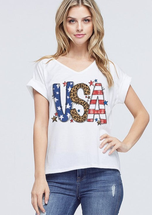 Phil Love Cute USA V-Neck T-Shirt with Cuff Sleeves Stars, Stripes & Leopard Detail | Made in USA | Classy Cozy Cool Women's American Boutique