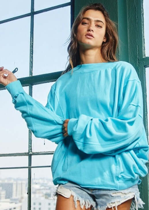Brand: Bucket List Style# IT1365 | Oversized Ladies Sky Blue Reversible Twist Sweatshirt with Pockets | Made in USA | Classy Cozy Cool Women's American Boutique