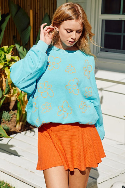 Bucket List Aqua French Terry Sweatshirt with Orange Flower Detail | Made in USA | Oversized Fit,  Pullover Style, Side Pockets Cotton French Terry | Classy Cozy Cool Women's American Boutique