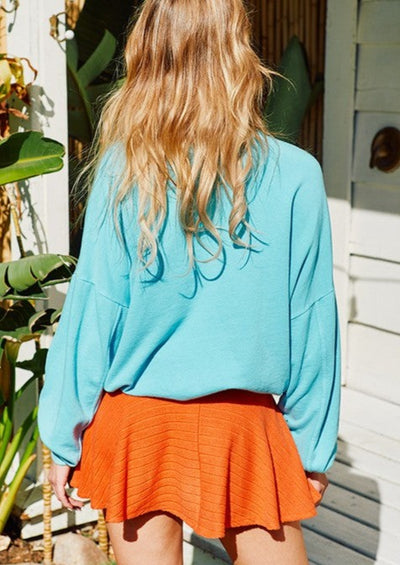 Bucket List Aqua French Terry Sweatshirt with Orange Flower Detail | Made in USA | Oversized Fit,  Pullover Style, Side Pockets Cotton French Terry | Classy Cozy Cool Women's American Boutique