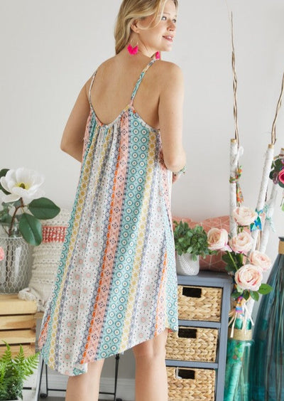 Made in USA | Adora Ladies Pastel Colors Bohemian Print Sleeveless Super Soft Summer Dress  | Light & Flowy Fit | Classy Cozy Cool Women's Boutique