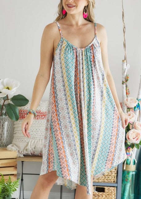 Made in USA | Adora Ladies Pastel Colors Bohemian Print Sleeveless Super Soft Summer Dress  | Light & Flowy Fit | Classy Cozy Cool Women's Boutique