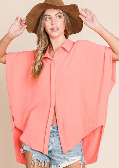 Bucket List Style T1702 Ladies Coral Button Down Hidden Placket High Low Top | Made in USA | This top can be worn with anything. | Classy Cozy Cool Boutique