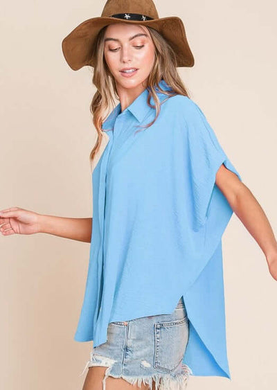 Aqua Blue  Bucket List Style T1702 Ladies Button Down Hidden Placket High Low Top | Made in USA | This top can be worn with anything. | Classy Cozy Cool Boutique