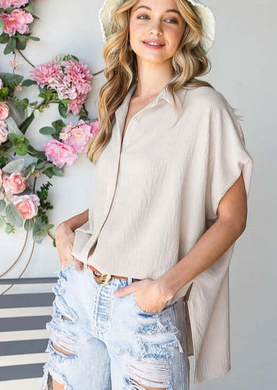 Sand Beige  Bucket List Style T1702 Ladies Button Down Hidden Placket High Low Top | Made in USA | This top can be worn with anything. | Classy Cozy Cool Boutique