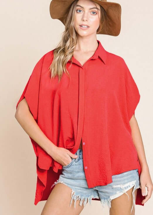Red  Bucket List Style T1702 Ladies Button Down Hidden Placket High Low Top | Made in USA | This top can be worn with anything. | Classy Cozy Cool Boutique