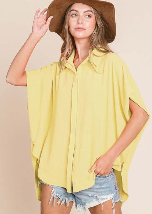 Lemon Yellow  Bucket List Style T1702 Ladies Button Down Hidden Placket High Low Top | Made in USA | This top can be worn with anything. | Classy Cozy Cool Boutique