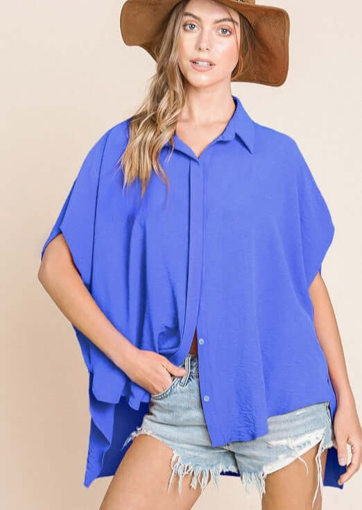 Cobalt Blue  Bucket List Style T1702 Ladies Button Down Hidden Placket High Low Top | Made in USA | This top can be worn with anything. | Classy Cozy Cool Boutique
